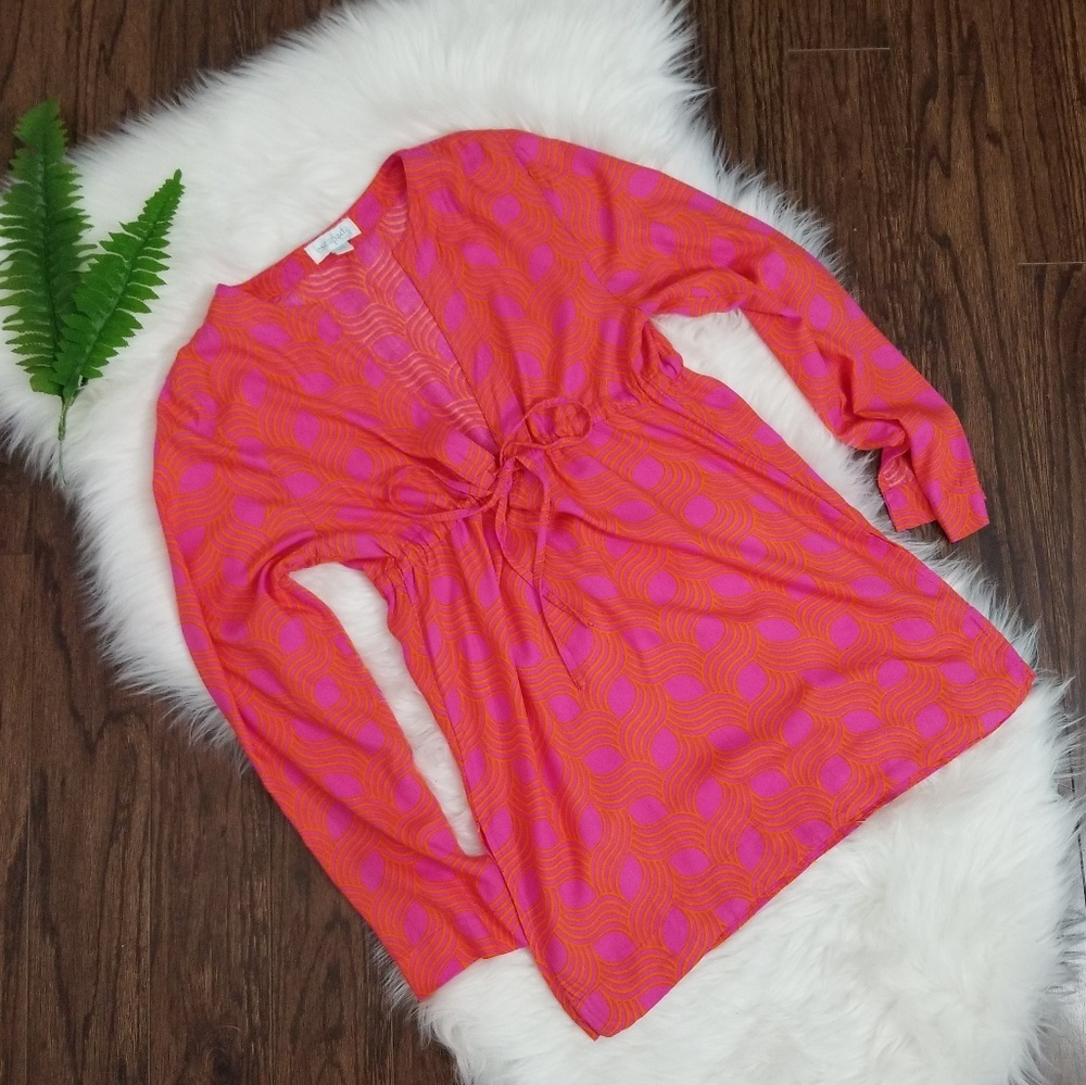 Escapada Pink Long Sleeve V-Neck Cover Up Top Orange Pattern Lightweight XSmall